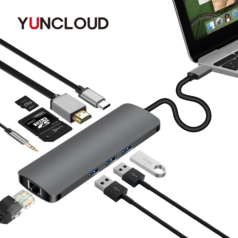 USB C Hub 9 in1 Multi-Port Adapter Type with Type-C Charging Port 4K HDMI Output Gigabit Ethernet 3.5mm Audio |
