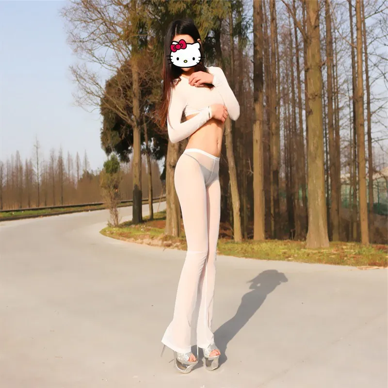 Супер сексуальные прозрачные расклешенные брюки для женщин блестящие