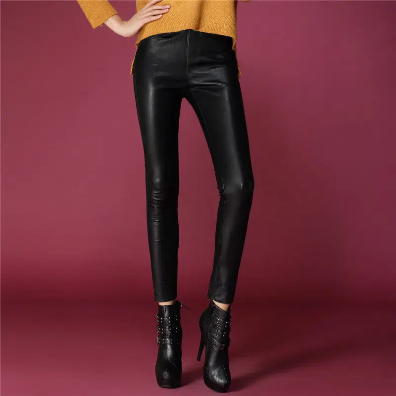 Black Женские брюки из овчины из натуральной кожи, уличная мода, новинка, эластичные узкие брюки-карандаш с высокой талией, Панк байкерские штаны длиной до щиколотки - Цвет: Black