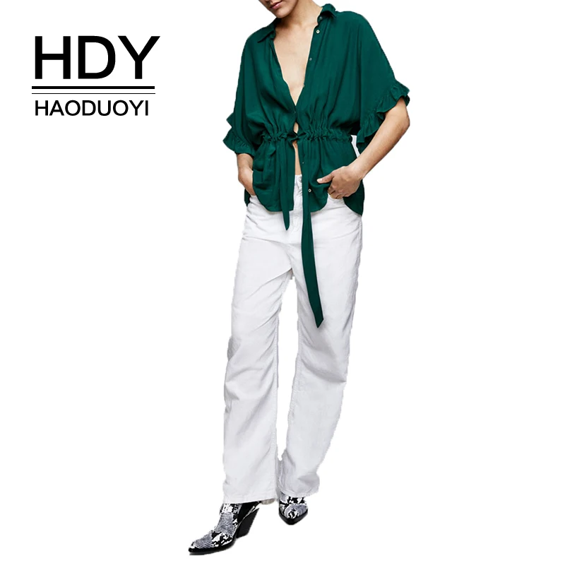 Женская рубашка с коротким рукавом HDY Haoduoyi осенняя блузка отложным воротником и