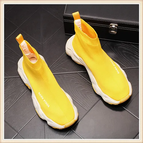 Yellow Новые трикотажные мужские модные высокие кроссовки весна осень повседневные дышащие ботинки обувь из микрофибры 4#15/15D50 - Цвет: Yellow