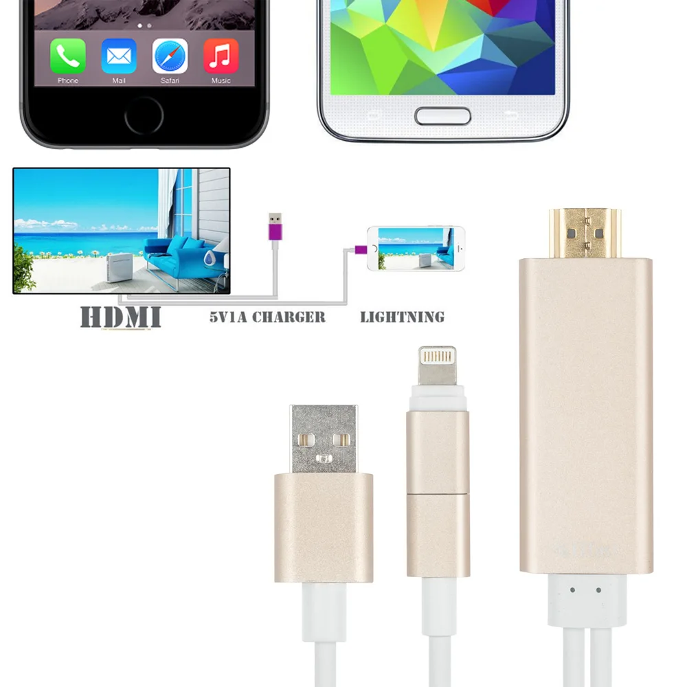 2 в 1 AirPlay 8pin/Micro USB Кабель адаптер к HDMI ТВ AV синхронизации Кабели для iPhone 5 /6/5S/6 s и