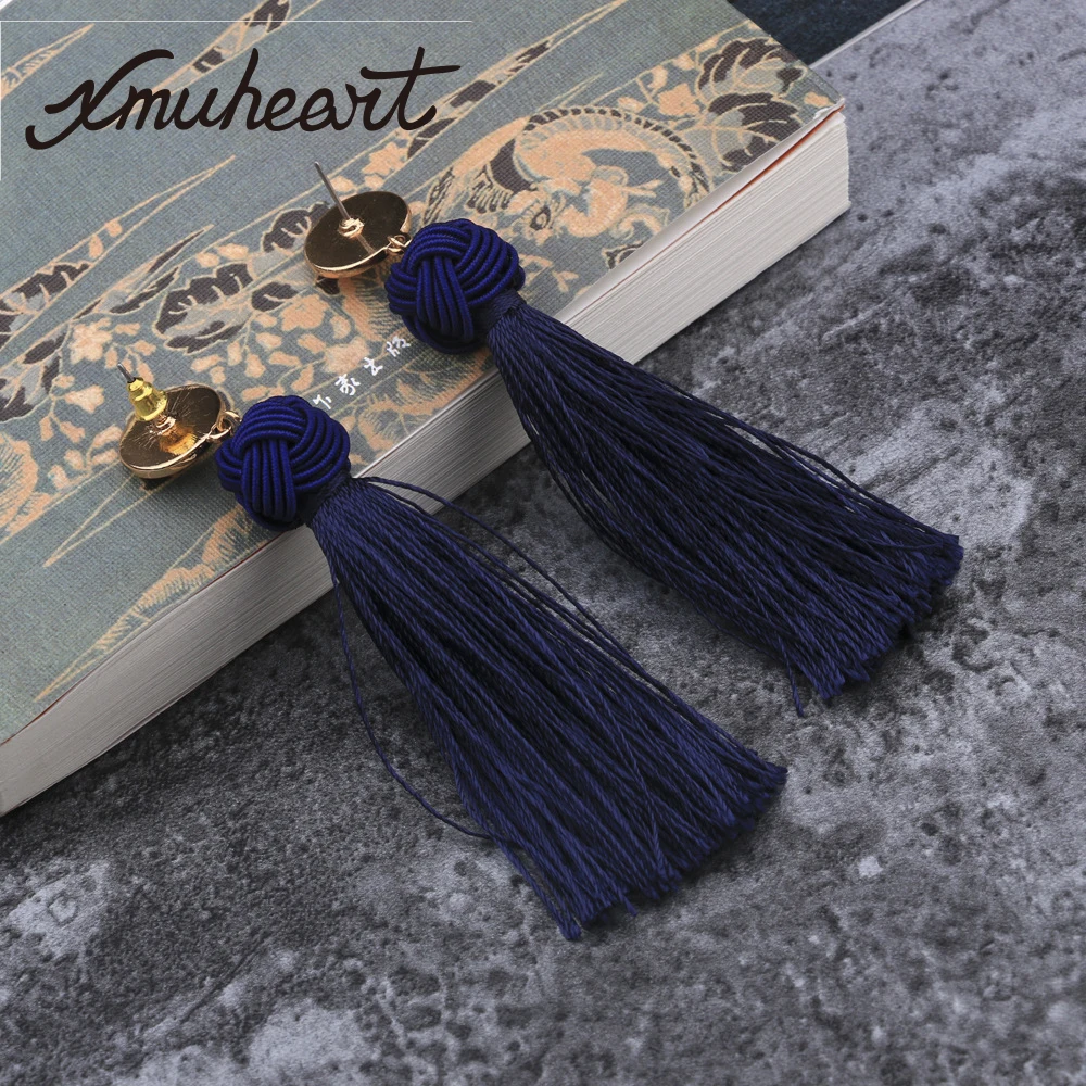 XMUHEART Stud Earrings For Women Long Tassel Vintage Blue Fashion Jewelry Pompom Rope Knot | Украшения и аксессуары