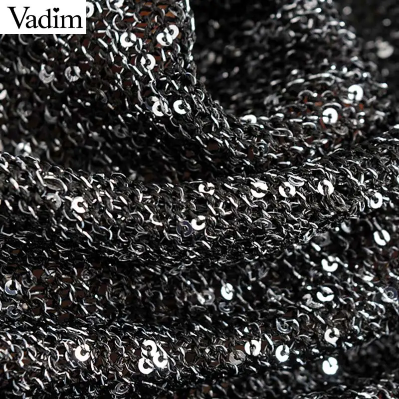 Vadim women loose sequined knitted sweaters see through pleated lantern sleeve stretchy pullovers female casual solid tops HA380 | Женская