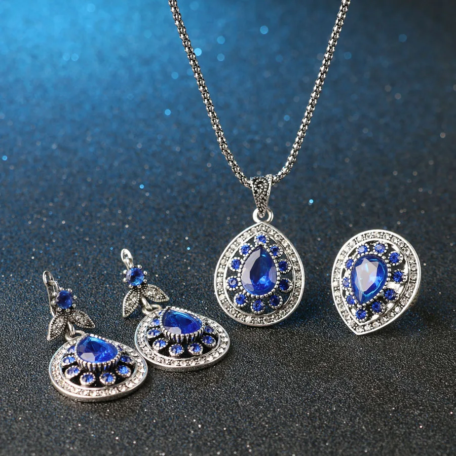 Женские винтажные серебряные кольца с каплями воды синего цвета серьги и