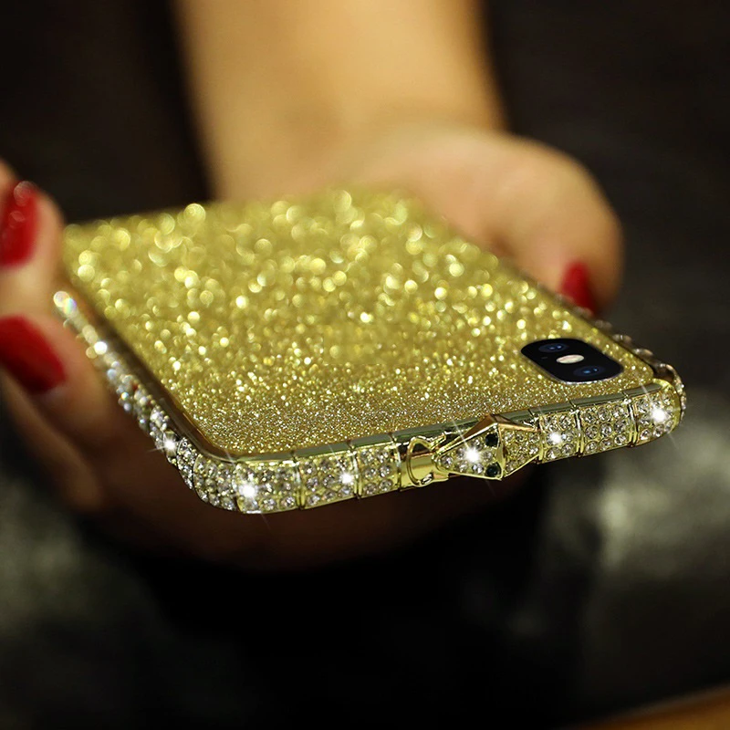 Чехол-бампер с алмазами для iPhone XS Max XR 8 7 6 6S Plus, блестящие стразы, металлическая рамка с задней панелью+ Защитная пленка для передней панели