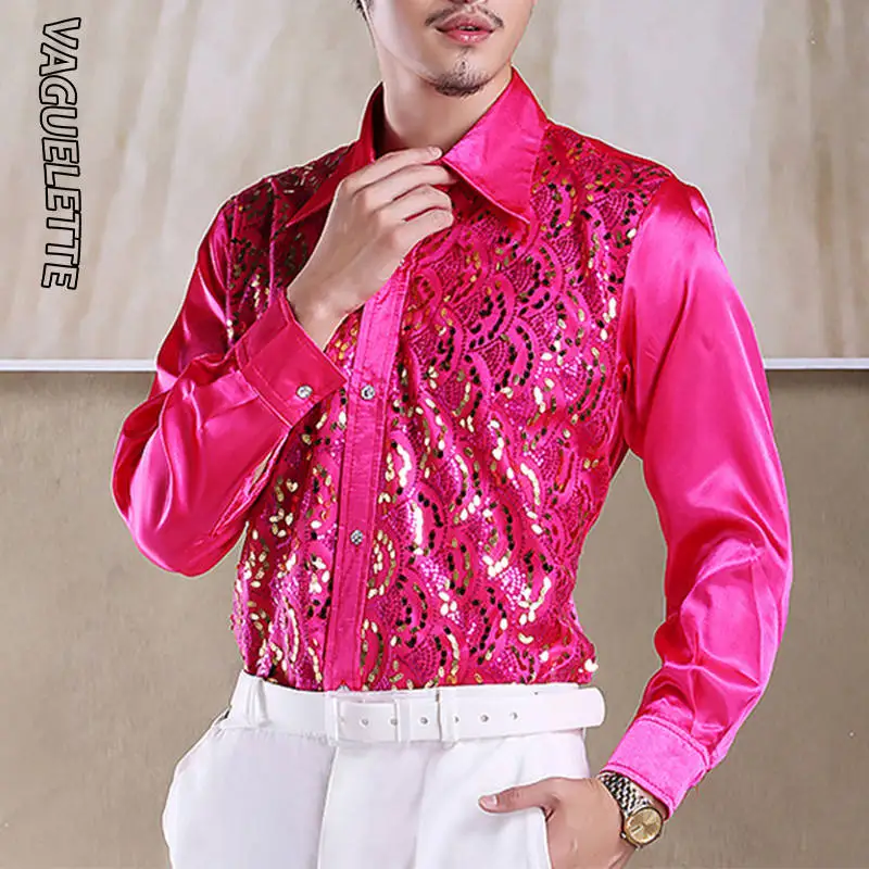 Sequins Rosy VAGUELETTE, Роскошные Рубашки-смокинги с блестками и оборками для мужчин, красная/Розовая Одежда для свадьбы, сцены, официальная и Повседневная рубашка, Мужская S-L с длинным рукавом - Цвет: Sequins Rosy