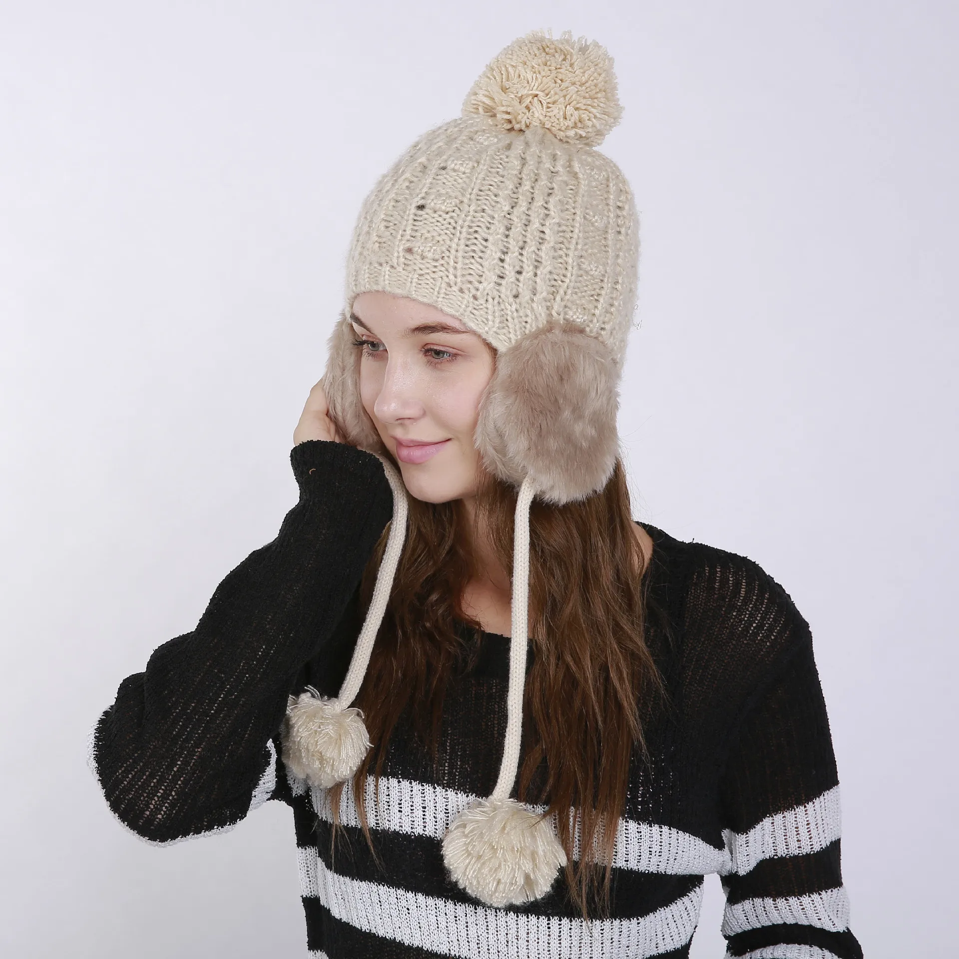 New Winter Women Knitted Bomber Hats Fur Warm Heating Female Hanging Ball Cap with Hair Ear Protector Russian Hat | Аксессуары для