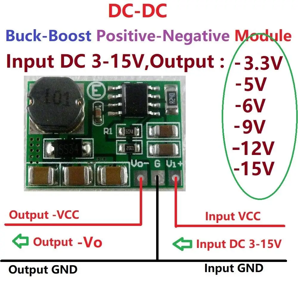 

1pcs 500mA 3-15V to -3.3V -5v -6v -9v -12v -15v DC-DC Boost-Buck Inverting switch regulators Positive to Negative Voltage Module