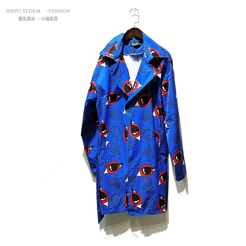 

M-6XL!!!!Personality printed blue windbreaker long coat Korean windbreaker Nightclub singer host hair stylist tide jacket.