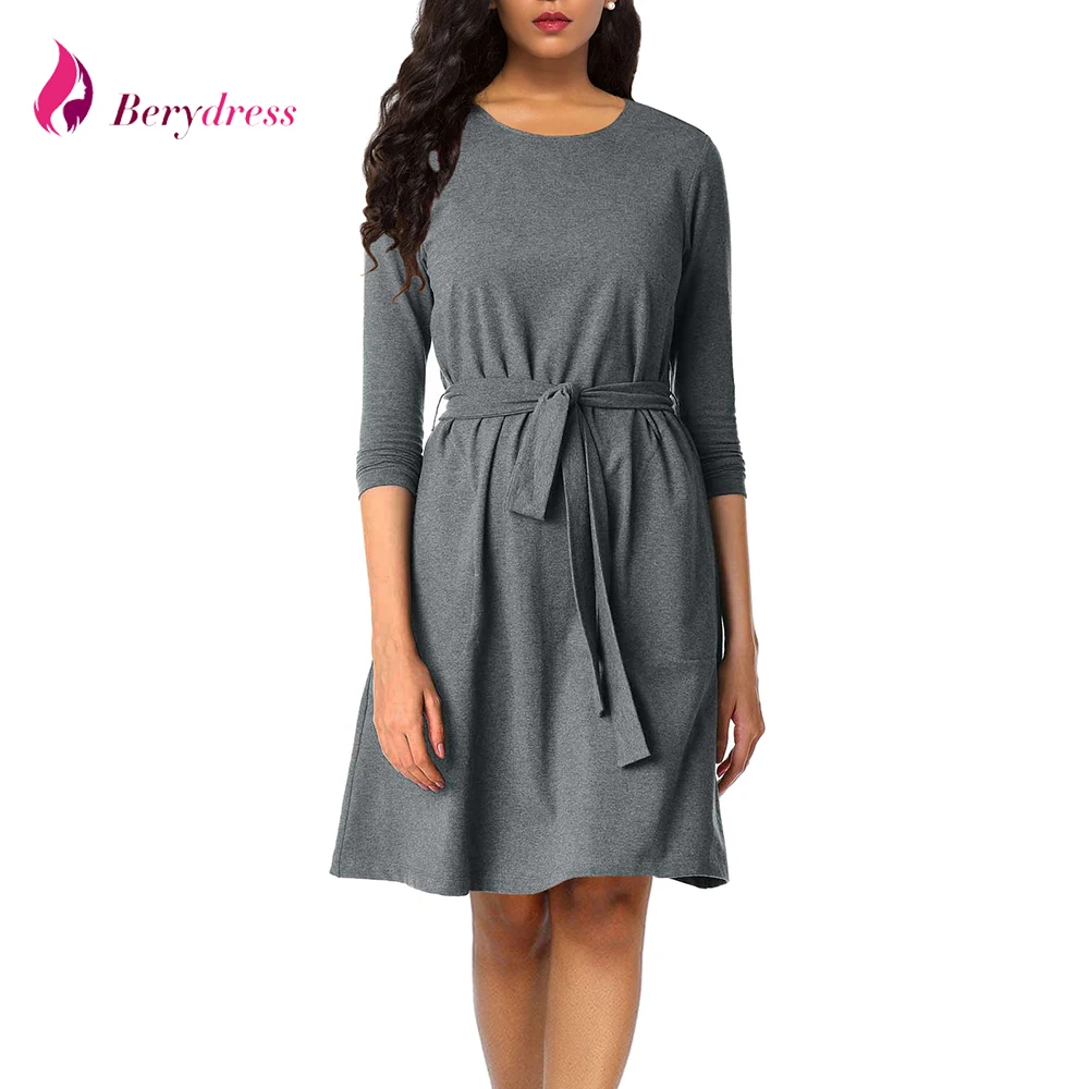 Berydress элегантный Повседневное женское платье карман по колено серый Line Vestido с