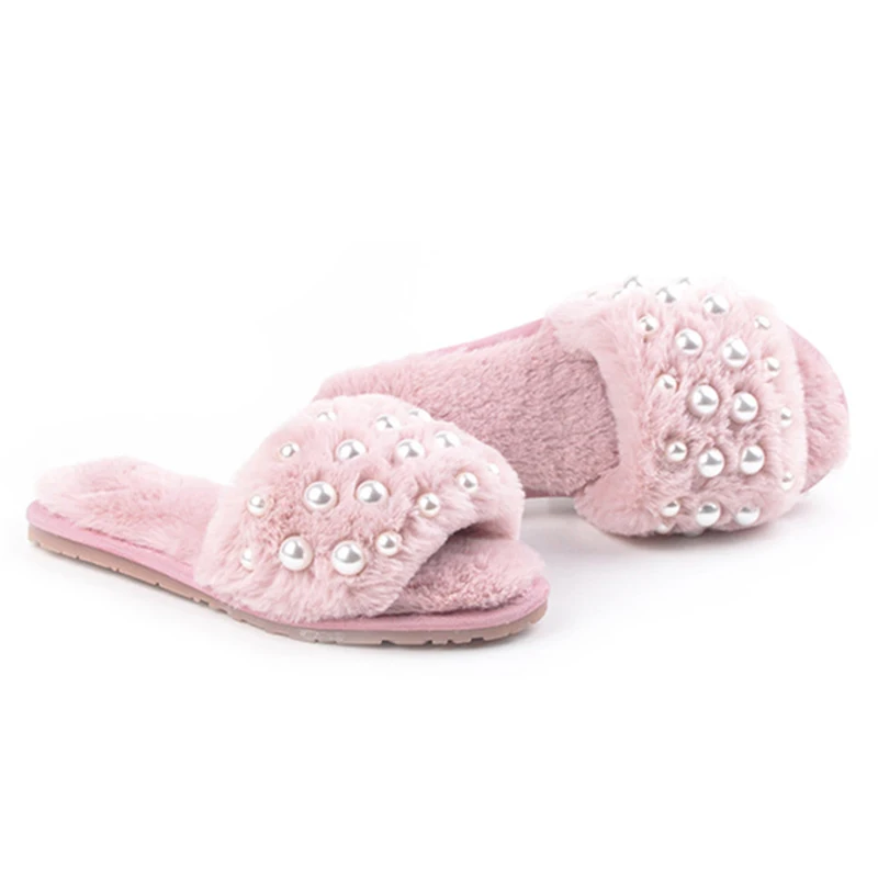 Новинка 2018 года модные дизайнерские меховые шлепанцы с жемчугом женские зимние
