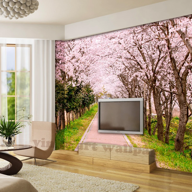 Настенные 3d обои в стиле кантри с изображением розовых цветков вишни