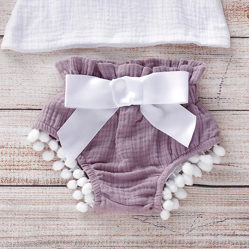 

Infant Girls Set Sleeveless Ruffles Solid Tops+Tassels Shorts Headband Outfits Baby Sets Summer 2019 ubranka dla niemowlat