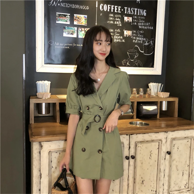 HziriP 2018 летнее женское платье пояса двубортный Vestidos Зубчатый воротник короткий