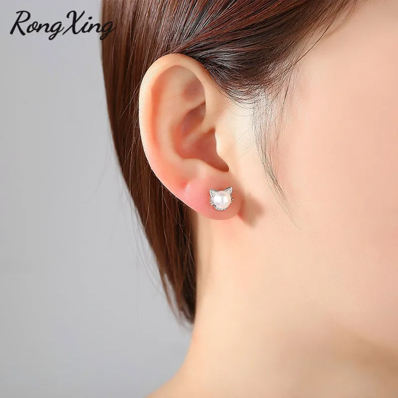 Женские серьги гвоздики RongXing с милым животным жемчугом и котом серебряные