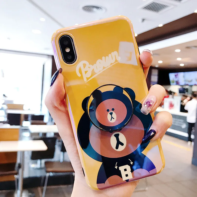 Cute cartoon Doraemon brown bear Stand Holder blue light IMD soft TPU back cover for iPhone 6 6s 7 8 plus X Xs case |