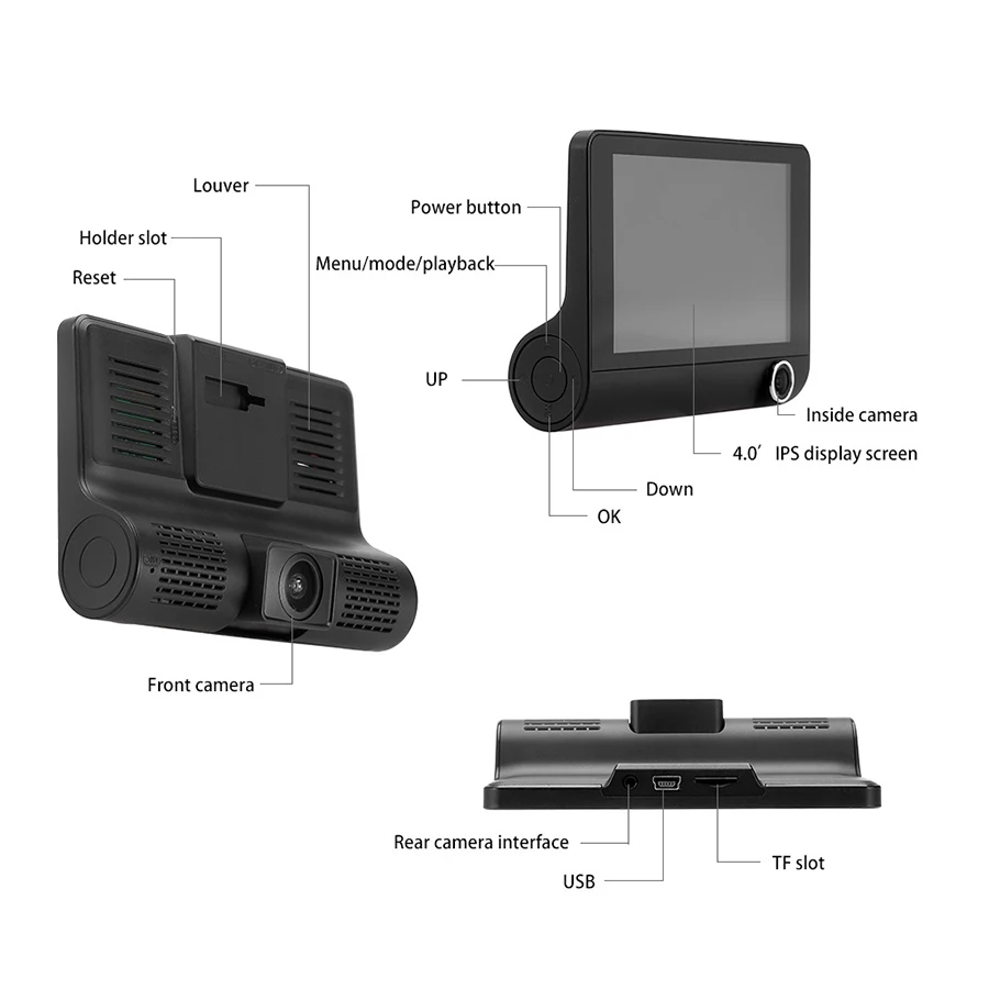 VVVIST Dvr Dash Автомобильная камера видео рекордер s 4 дюймов 3 камеры объектив заднего