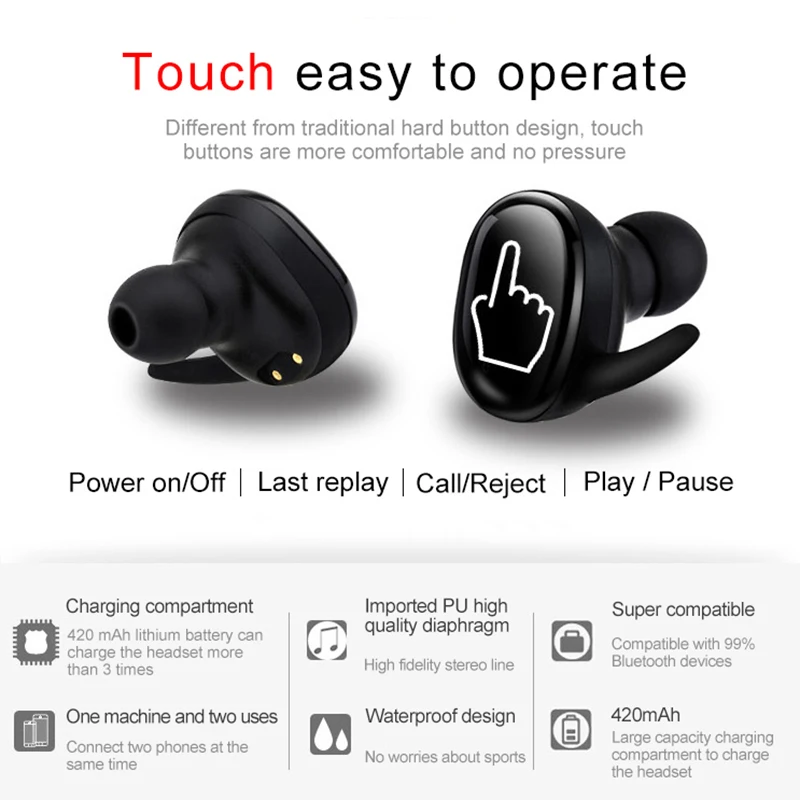 T2C TWS Wireless Mini Bluetooth Earphone For Xiaomi Huawei Mobile Stereo Earbud Sport Ear Phone With Mic Portable Charging Box |