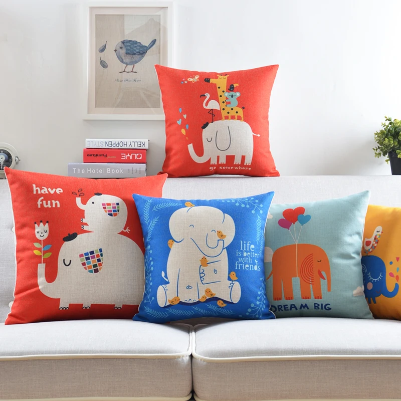 Чехол для подушки с милым слоном льняной мультяшный животный чехол красочный