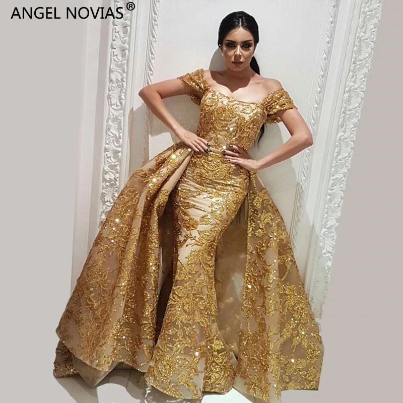Женское длинное вечернее платье ANGEL NOVIAS золотистое с юбкой годе со съемной в