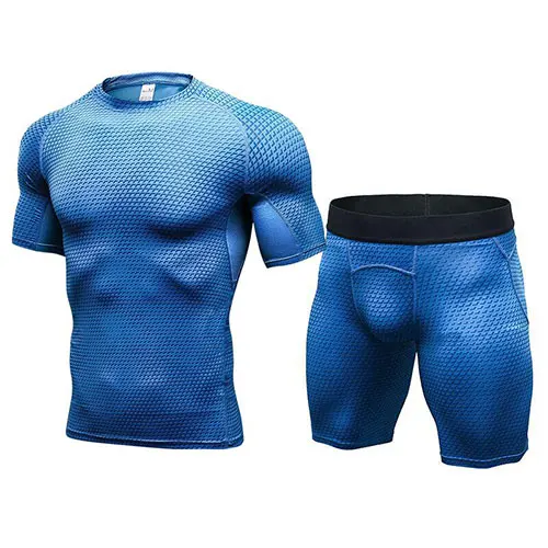 Blue Top and Short Мужской Быстросохнущий компрессионный костюм комплект для бега фитнес-плотно футболка леггинсы шорты спортивный костюм спортивная мужская спортивная одежда - Цвет: Blue Top and Short