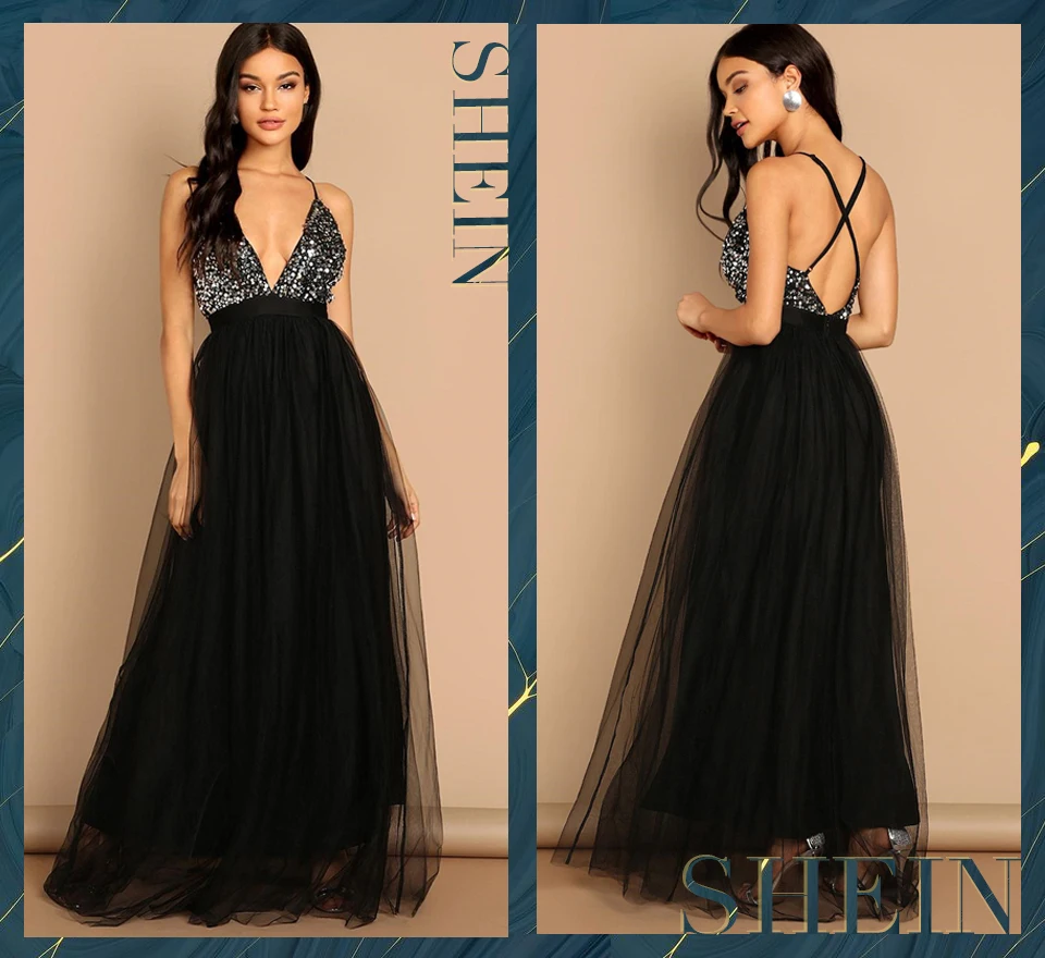 SHEIN Вечернее Макси Платье На Бретельках, Платье С Открытой Спиной И Блестками