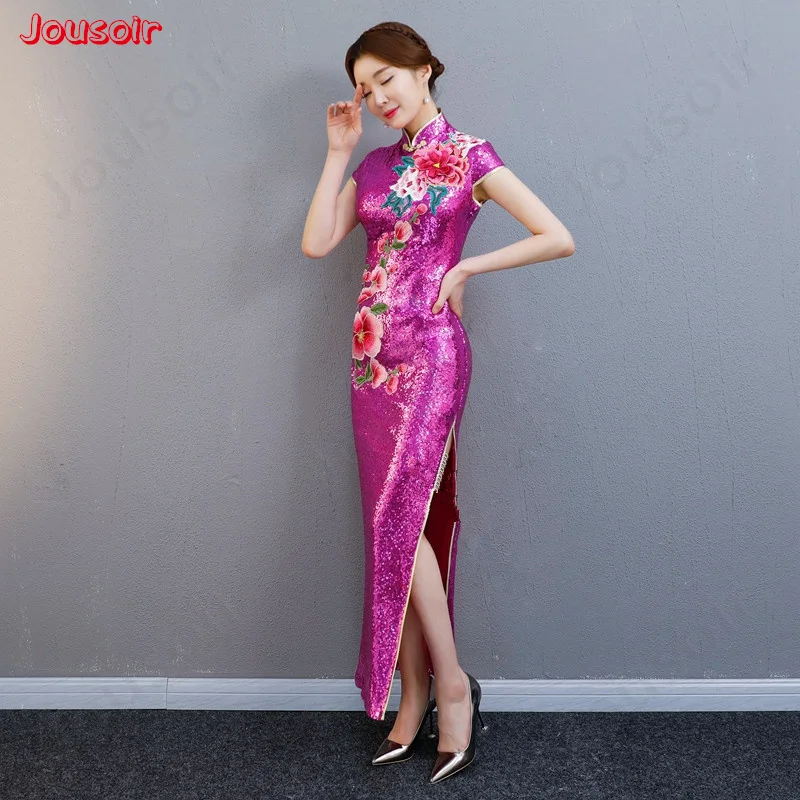 2018 Блестки Кружева Длинные изменение cheongsam производительности Подиум костюм