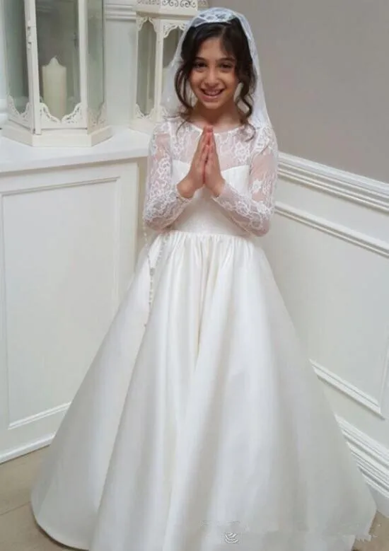 

2019 Flower Girl Dresses A Line Jewel Long Sleeve Floor Length Girls Pageant Dresses With Lace Satin For Wedding First Communio