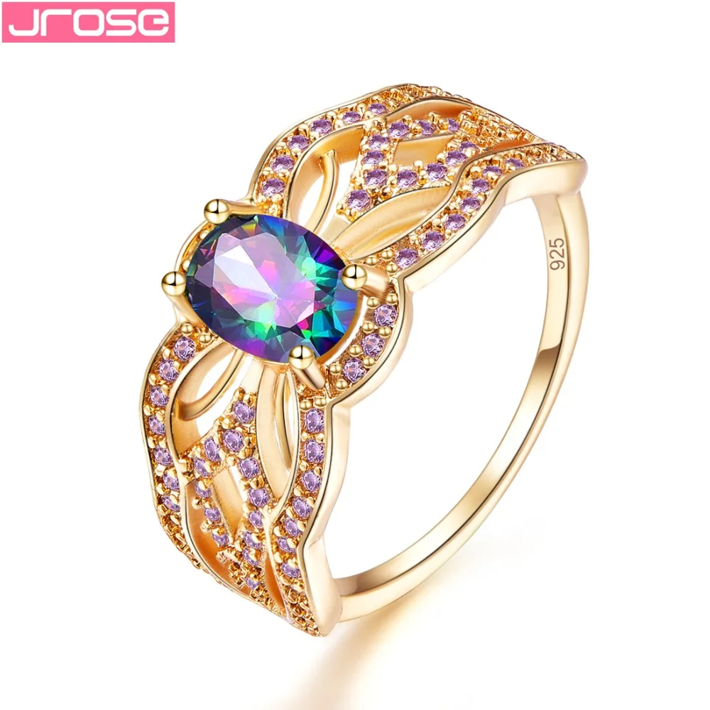 

JROSE Wedding Fashion Pretty Oval Cut Rainbow & Green White Cubic Zirconia Silver Goldplated Ring Size 6 7 8 9 For Lady Party