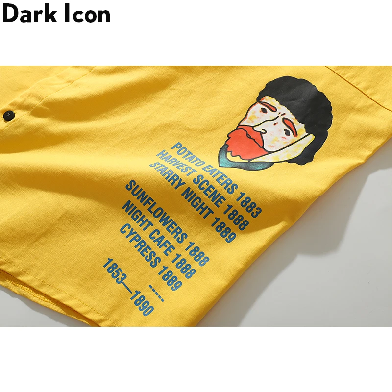 Dark Icon Letters Print Turn-down Collar Men's Shirt Long Sleeve Oversized Shirts Men Street for Yellow/Black | Мужская одежда