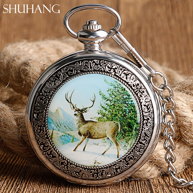 

SHUHANG Elegant Mechanical Watch for Men Women Moose Elk Deer Style Nurse Pendant Hand Winding Pocket Watch with FOB Chain 2017