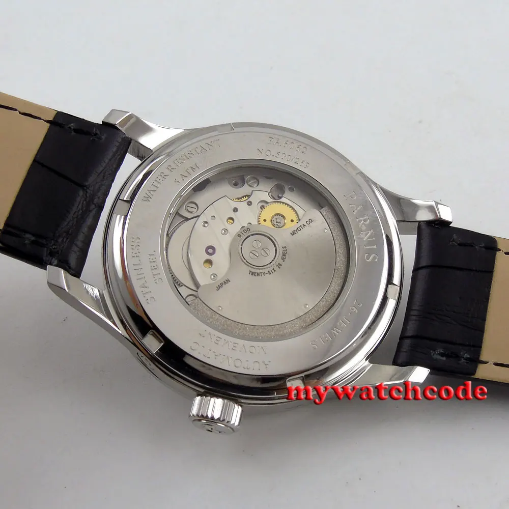 Мужские часы parnis автоматические с черным циферблатом и сапфировым стеклом 26