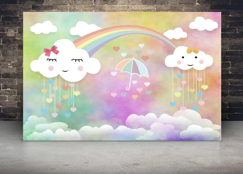 Фоны для фотосъемки с изображением мультяшных облаков и дождевых капель радуги