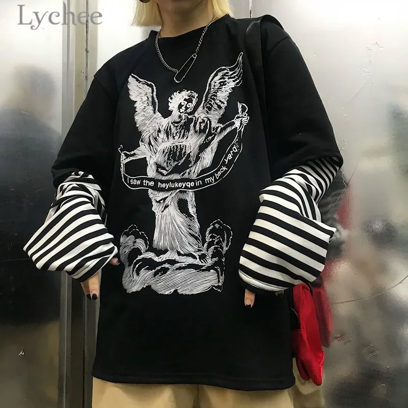 Lychee Осень Harajuku Angel письмо Полоса Лоскутная Женская футболка с круглым вырезом с длинным рукавом Повседневная Свободная Женская футболка Топ