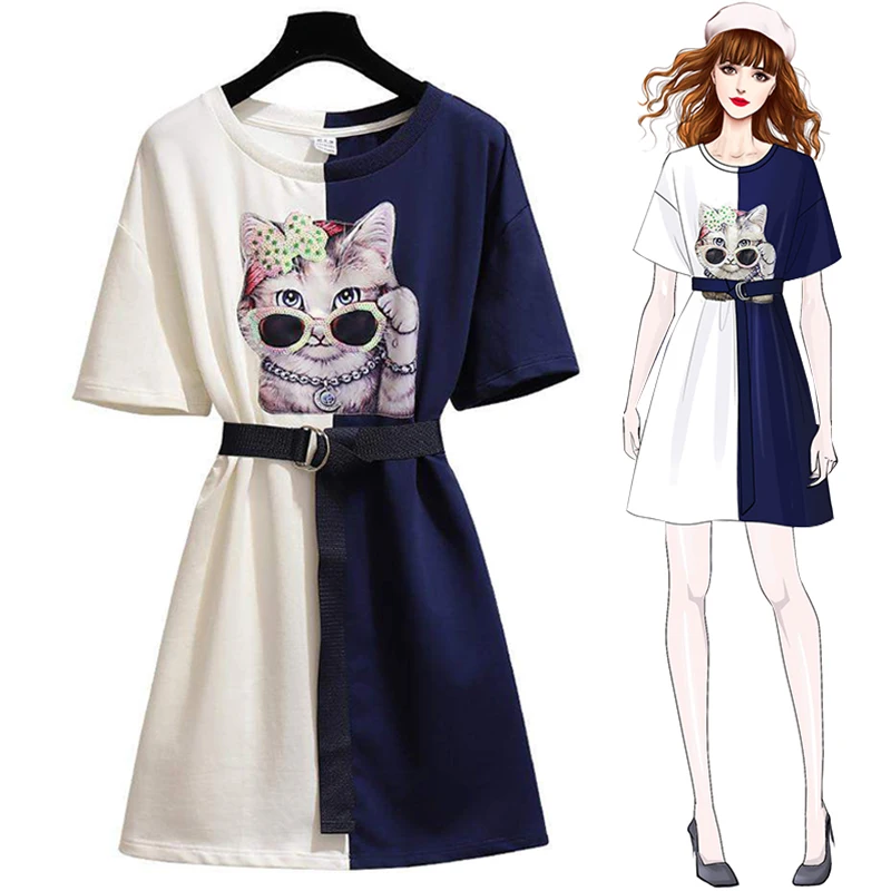Trytree 2020 Summer Women Dress Casual Sequined Print Cat O-Neck Mini T shirt dresses Cotton Polyester Belt Loose Straight | Женская