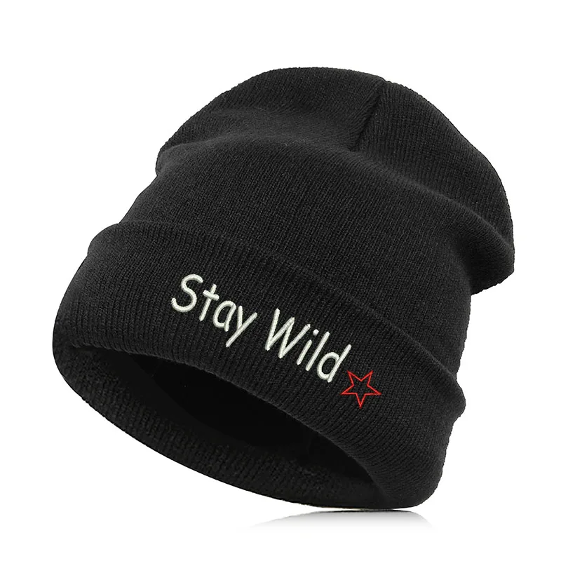 Stay wild Beanie шляпа Skullie шапка, вязаная шапка-носок зима-осень вышивка лозунг девиз слова в стиле панк Для мужчин Для женщин для мальчиков и девочек уличных танцев улыбка - Цвет: Stay wild