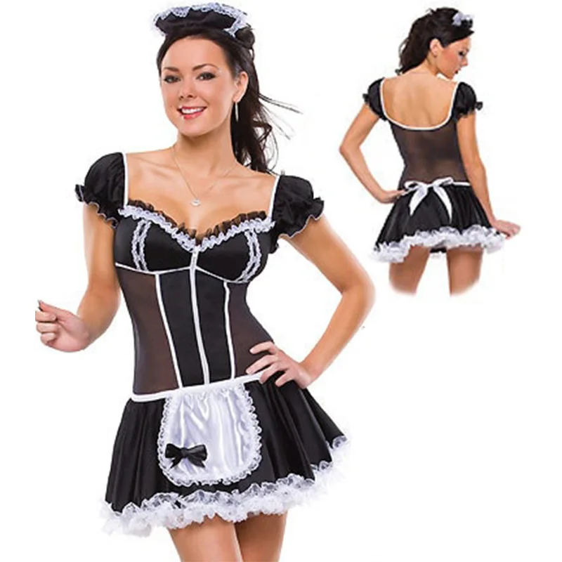 

Halloween Costumes For Adult Free Shipping Sexy Mini Maid Dress Low-Cut Neckline French Maid Outfit