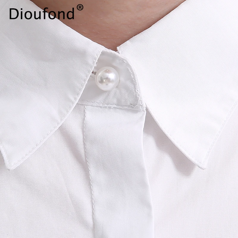Женская блузка Dioufond белая или темно синяя офисная с длинным рукавом и жемчугом на