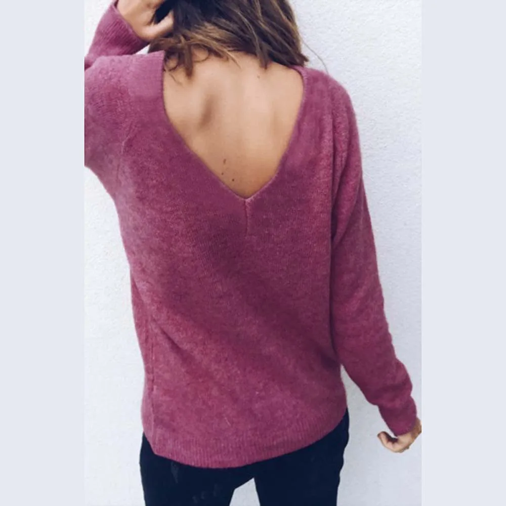 CHAMSGEND Winter Women Sweaters Fashion V-Neck Blouse Solid Long Sleeve Loose Knitted Sweater Casual Cotton No21 | Женская одежда