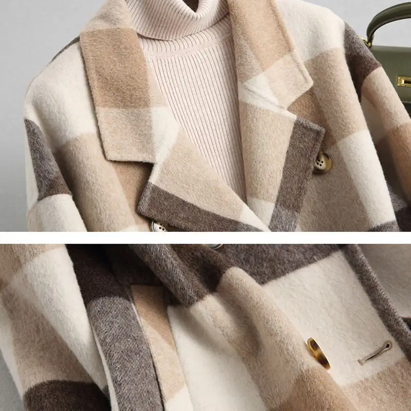 

Women Winter Real Fur Coat Female 100% Genuine Wool Jackets Lady Warm Sheep Shearing Plaid Overcoat Double Sided Wool Coats V303
