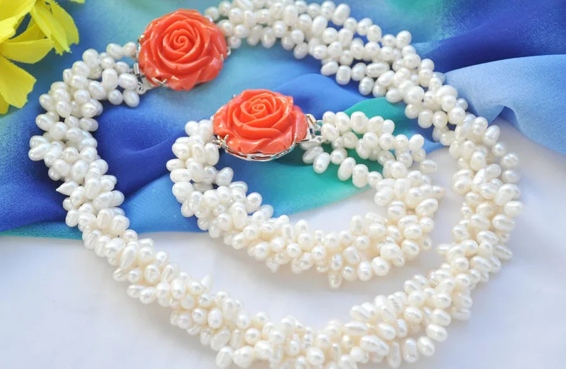 

Wedding women Jewelry Set 4 Rows 8-10mm White Real Pearl Necklace Bracelet Orange Rose Clasp Natural Freshwater Pearl