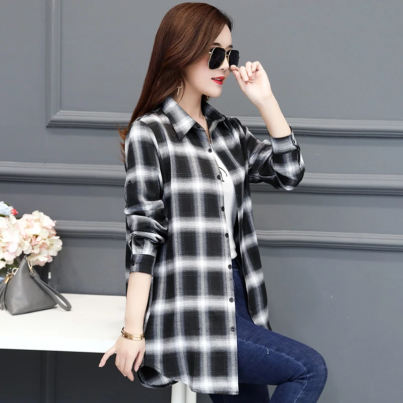 Женская блузка в клетку с асимметричным подолом и длинным рукавом|Рубашки| |
