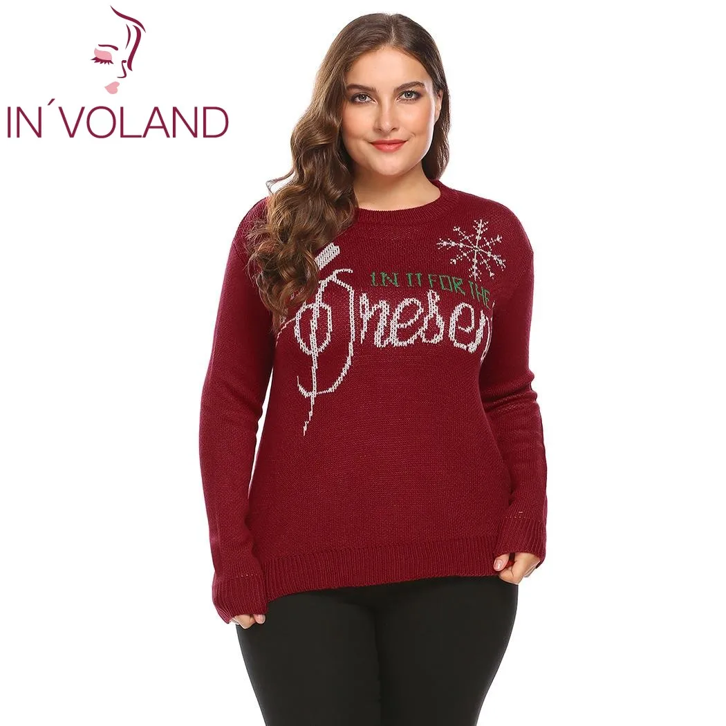 IN'VOLAND Big Size XL-4XL Women Sweater Tops Christmas Autumn Winter O-Neck Long Sleeve Letter Casual Large Pullover Plus | Женская