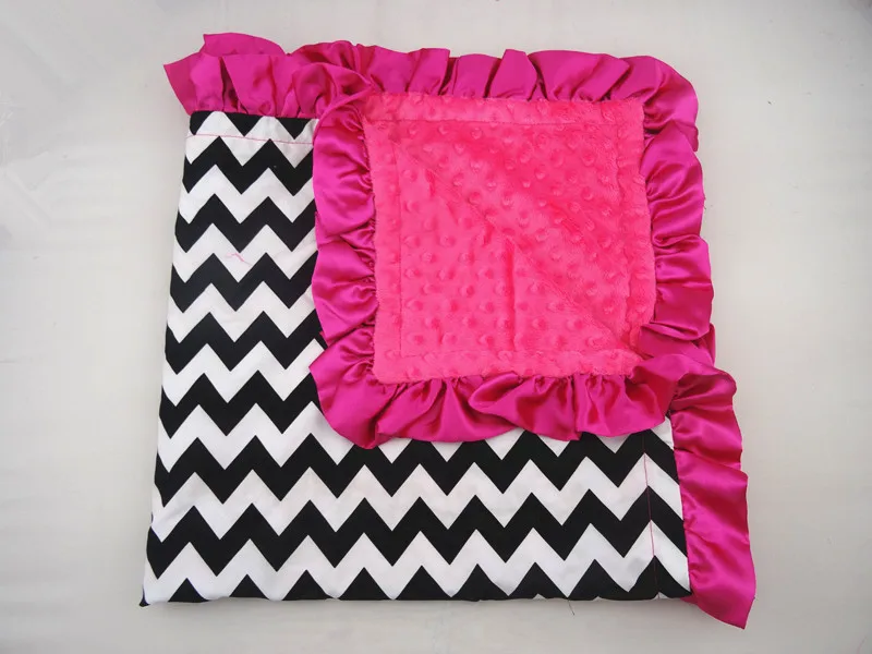 Baby Blanket Black Chevron Minky With Hot Pink Dots Minkee Satin Ruffled | Мать и ребенок
