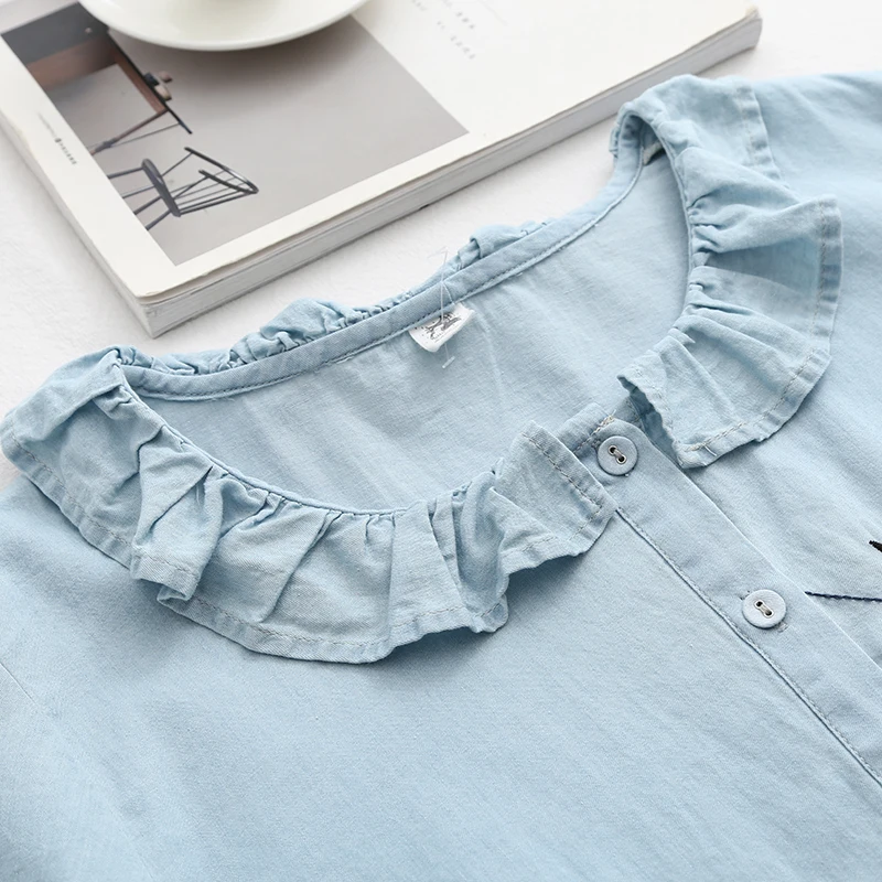 Мультфильм вышивка синий Раффлед закругленный отложной воротник джинсовая