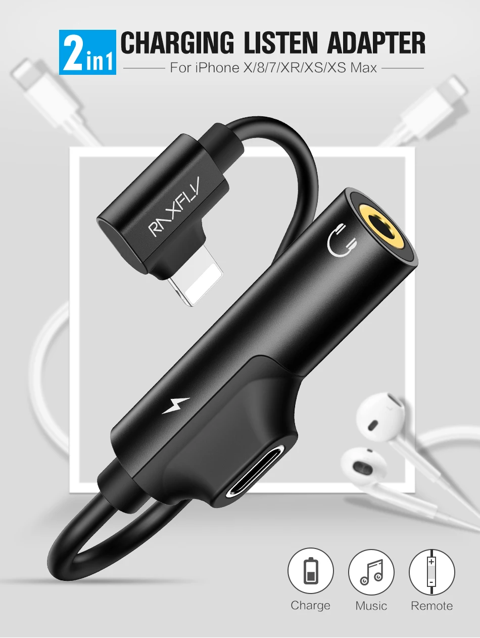RAXFLY 2в1 зарядный аудио адаптер для iPhone 7 8 X XS MAX USB до 3,5 мм конвертер для iPhone X XS Max 3,5 Jack разветвитель зарядки