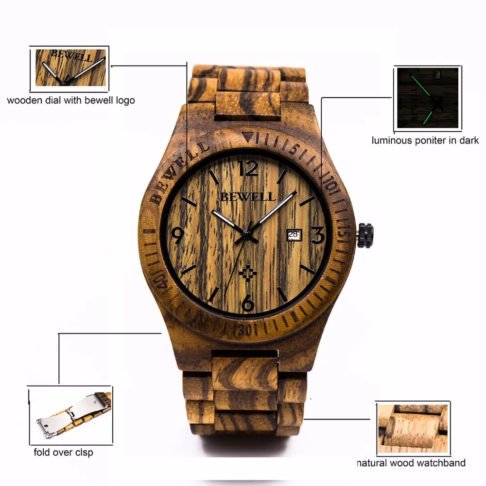 Casual BEWELL Wooden Watch For Men's Luminous Quartz Wrist Watches With Calendar Fashion &amp Luxury Moment Relogio Masculino 086B |