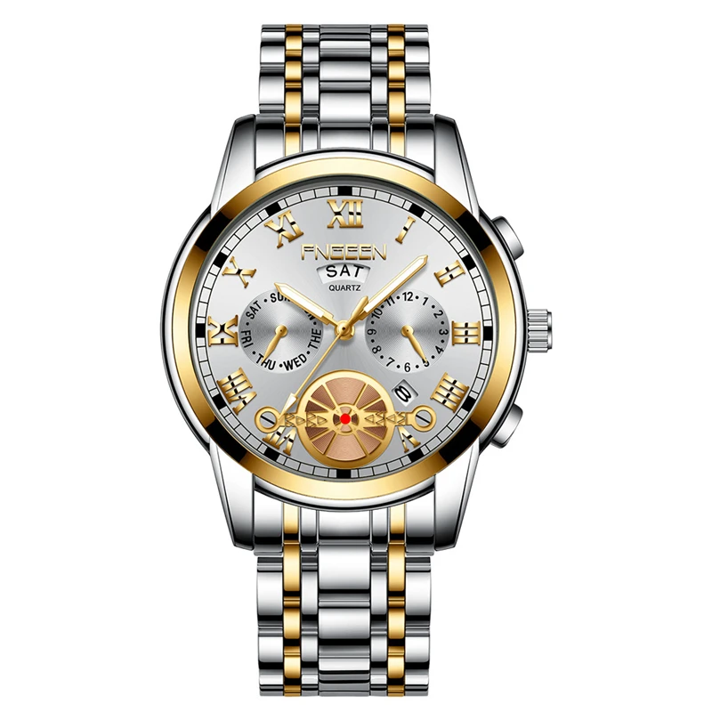 Steel Gold White Мужские часы водонепроницаемые кварцевые бизнес мужские s часы лучший бренд класса люкс мужские часы Дата Неделя дисплей повседневные военные спортивные наручные часы - Color: Steel Gold White