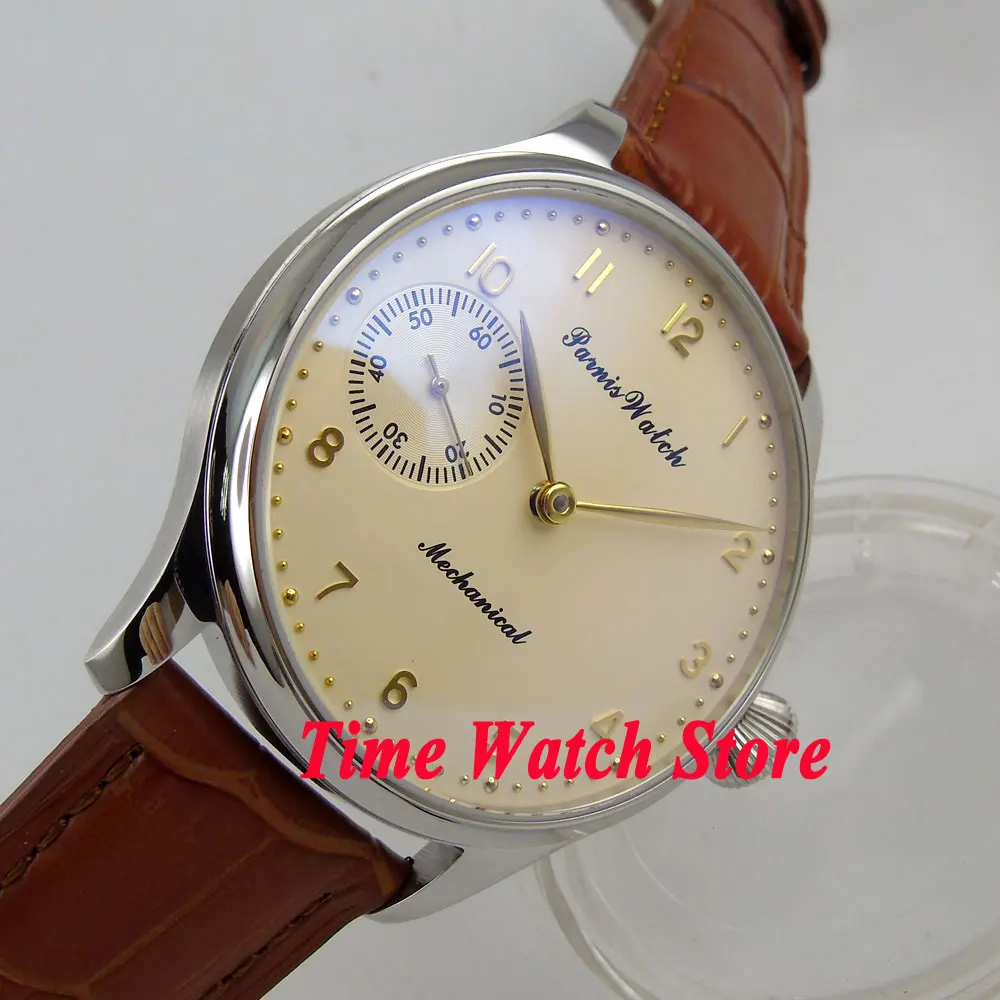 Мужские часы Parnis 44 мм с бежевым циферблатом и золотыми стрелками 17